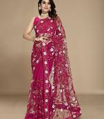 Dark pink color soft net fabric designer multy thread embroidery work smart partywear saree