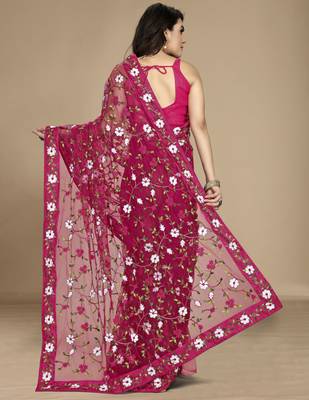 Dark pink soft net multy thread embroidery work smart partywear saree 2