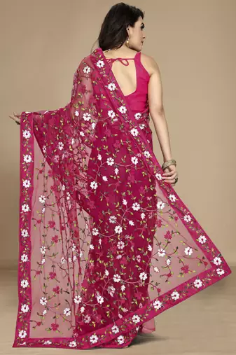 Dark pink soft net multy thread embroidery work smart partywear saree
