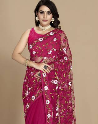 Dark pink soft net multy thread embroidery work smart partywear saree 3