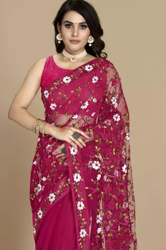 Dark pink soft net multy thread embroidery work smart partywear saree