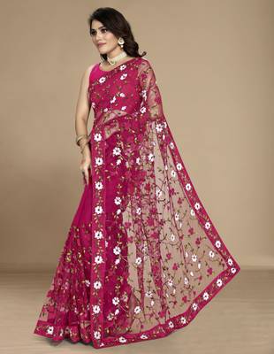 Dark pink soft net multy thread embroidery work smart partywear saree 4