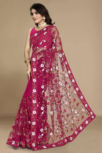 Dark pink soft net multy thread embroidery work smart partywear saree