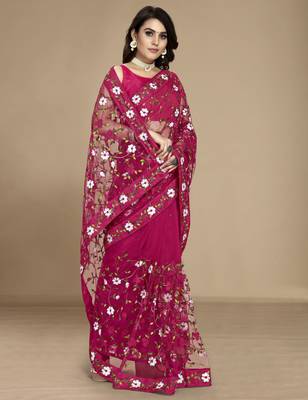 Dark pink soft net multy thread embroidery work smart partywear saree 5
