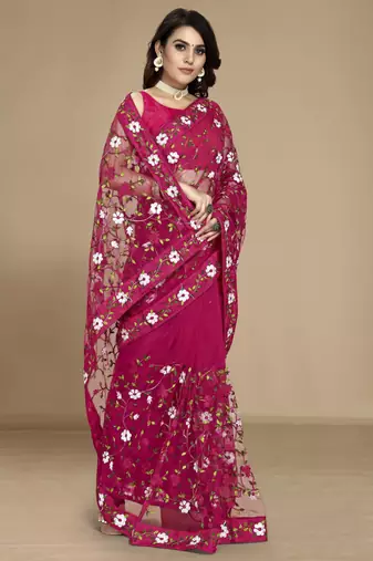 Dark pink soft net multy thread embroidery work smart partywear saree