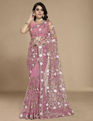 Light pink soft net multy thread embroidery work smart partywear saree 1