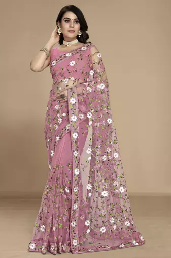 Light pink color soft net fabric designer multy thread embroidery work smart partywear saree