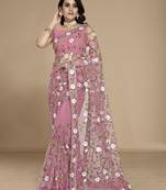 Light pink color soft net fabric designer multy thread embroidery work smart partywear saree