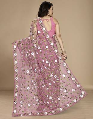 Light pink soft net multy thread embroidery work smart partywear saree 2
