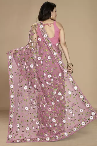 Light pink soft net multy thread embroidery work smart partywear saree