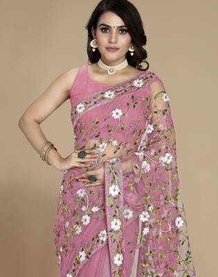 Light pink soft net multy thread embroidery work smart partywear saree 3