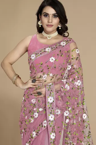 Light pink soft net multy thread embroidery work smart partywear saree