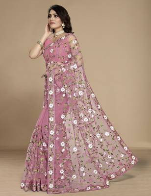 Light pink soft net multy thread embroidery work smart partywear saree 4