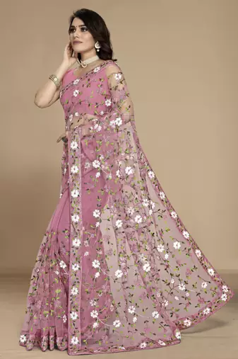 Light pink soft net multy thread embroidery work smart partywear saree