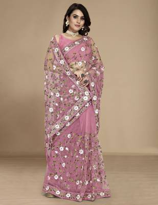 Light pink soft net multy thread embroidery work smart partywear saree 5