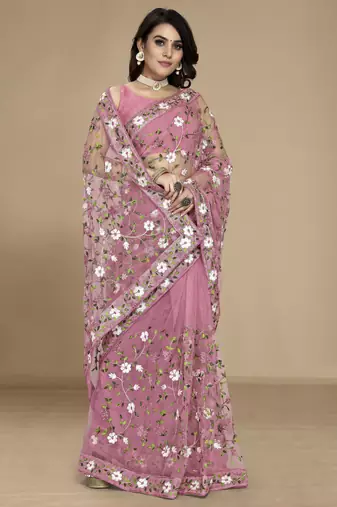 Light pink soft net multy thread embroidery work smart partywear saree