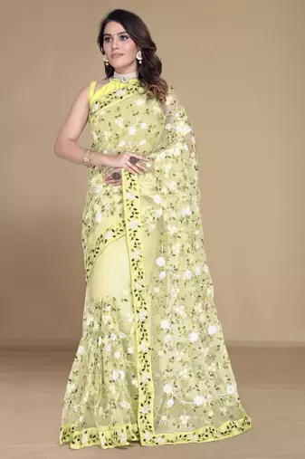 Yellow color soft net fabric designer multy thread embroidery work smart partywear saree