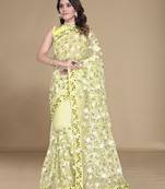 Yellow color soft net fabric designer multy thread embroidery work smart partywear saree