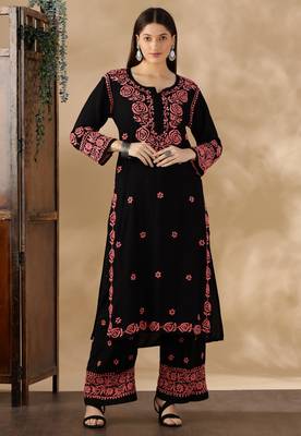 Chikankari embroidered straight kurta with palazzos 1