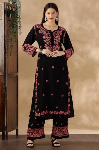 Chikankari embroidered straight kurta with palazzos