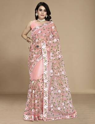 Peach soft net multy thread embroidery work smart partywear saree 1