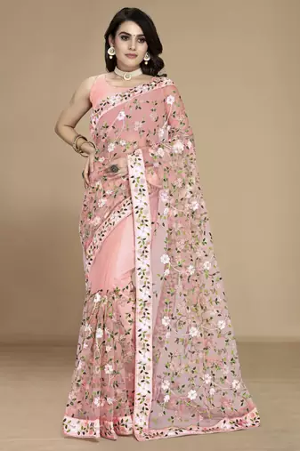 Peach color soft net fabric designer multy thread embroidery work smart partywear saree