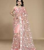 Peach color soft net fabric designer multy thread embroidery work smart partywear saree