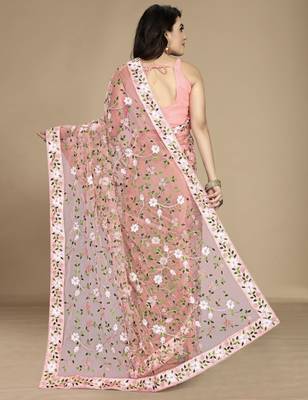 Peach soft net multy thread embroidery work smart partywear saree 2