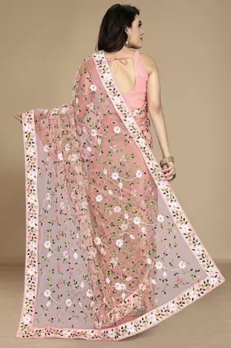 Peach soft net multy thread embroidery work smart partywear saree