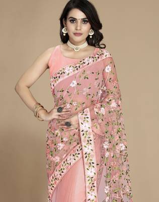 Peach soft net multy thread embroidery work smart partywear saree 3