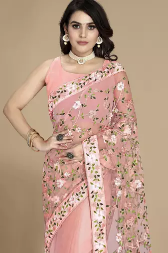 Peach soft net multy thread embroidery work smart partywear saree