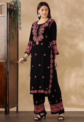 Chikankari embroidered straight kurta with palazzos 3