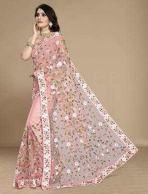Peach soft net multy thread embroidery work smart partywear saree 4