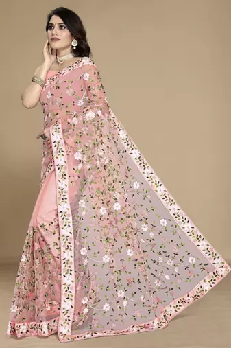 Peach soft net multy thread embroidery work smart partywear saree