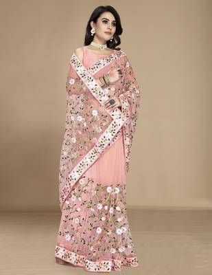Peach soft net multy thread embroidery work smart partywear saree 5