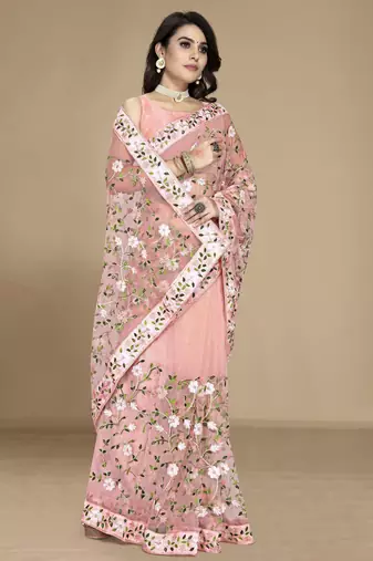 Peach soft net multy thread embroidery work smart partywear saree