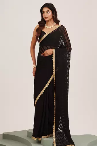 Black partywear sequinned embellished brasso saree