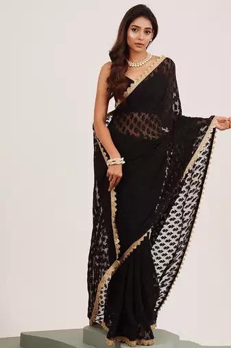 Black partywear sequinned embellished brasso saree