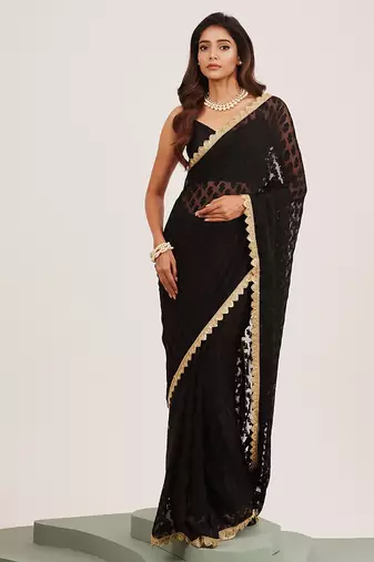 Black partywear sequinned embellished brasso saree