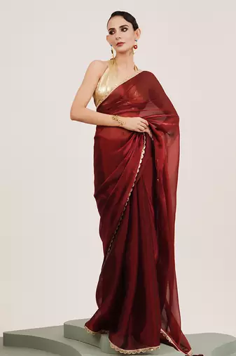 Maroon color beautiful partywear embellished sequinned organza saree