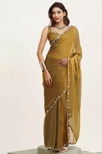 Metallic mustard color beautiful partywear embellished beads and stones satin saree