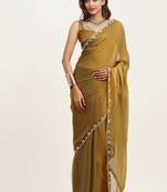 Metallic mustard color beautiful partywear embellished beads and stones satin saree