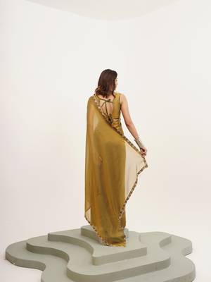 Metallic mustard partywear embellished beads and stones satin saree 2