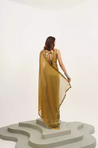 Metallic mustard partywear embellished beads and stones satin saree