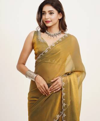 Metallic mustard partywear embellished beads and stones satin saree 3
