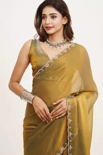Metallic mustard partywear embellished beads and stones satin saree