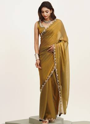 Metallic mustard partywear embellished beads and stones satin saree 4