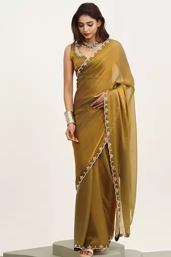 Metallic mustard partywear embellished beads and stones satin saree
