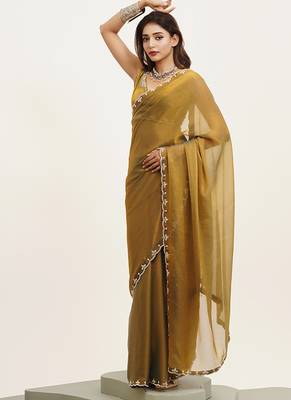 Metallic mustard partywear embellished beads and stones satin saree 5