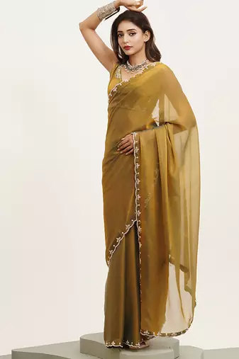 Metallic mustard partywear embellished beads and stones satin saree